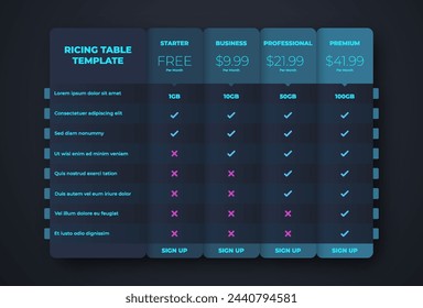 Business price chart template, Web banner checklist template design. Design a price list comparison table.	