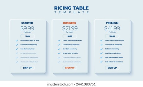 Business price chart template, Web banner checklist template design. Design a price list comparison table.	