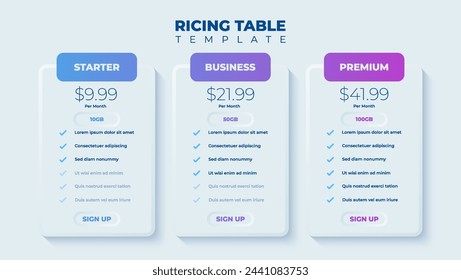 Business price chart template, Web banner checklist template design. Design a price list comparison table.	