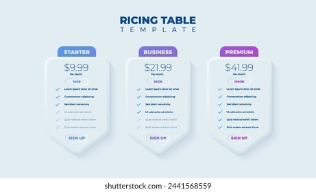 Plantilla de gráfico de precios de negocios, diseño de plantilla de lista de comprobación de banner web. Diseñar una tabla de comparación de listas de precios.	