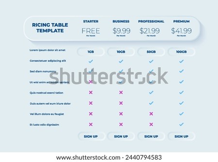 Business price chart template, Web banner checklist template design. Design a price list comparison table.	