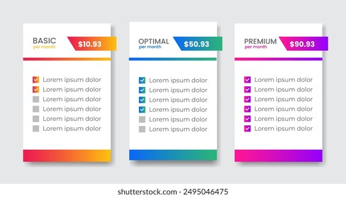 Tabla de Planes de Precios de negocios y lista de Precios de Precios para Web o App.
 Tablas de diseño de Precios UX Ui con comparación de Planes arancelarios, lista de verificación de características de Suscripción
 y Planes de negocios. Producto Compari