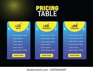 Business pricing plans table and pricing chart Price list for web or app.
 Ui UX pricing design tables with Tariff plans comparison,subscription features checklist
 and business plans. Product Compari