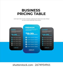 Business Pricing Table Template with Gradient Design, Dark style pricing table template with gradient effect for business plans.