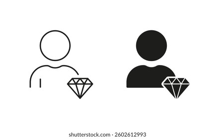 Business Principles Sign. Employee Value Line and Silhouette Icon Set. Person is Core Values at Work Pictogram. Editable Stroke. Isolated Vector Illustration.