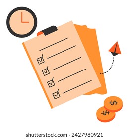 Business priority. Clipboard with checklist and clock. Vector illustration in flat style with business goal theme. Editable vector illustration.
