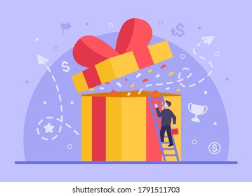 Business prize concept. Joyful vector flat businessman climbs the stairs for a gift that his business has prepared for a quarter. Big profit. Web banner on sites and smartphones. EPS 10.