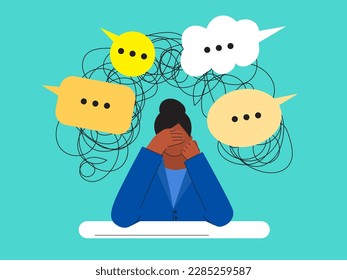 Business problem concept. Opinion of others puts pressure on businesswoman at work. Condemnation, criticism from people. Frustrated woman in despair. Tired business woman. Regret on business mistake.