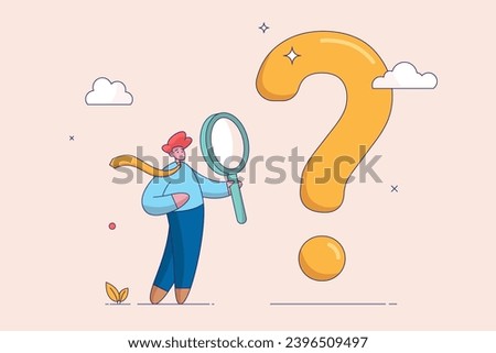 Business problem concept. Problem and root cause analysis, research and leadership skill to find solution or answer, smart businessman analyst using magnifying glass to analyze question mark sign.