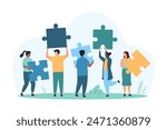 Business problem creative solving, company union and success teamwork. Tiny people holding jigsaw puzzle pieces to connect and assemble in cooperation and partnership cartoon vector illustration