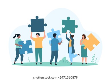 Business problem creative solving, company union and success teamwork. Tiny people holding jigsaw puzzle pieces to connect and assemble in cooperation and partnership cartoon vector illustration