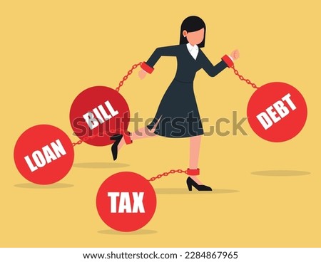 Business problem crisis hardship and burden. business woman in chains of heavy debt financial obligations, heavy social burdens. 商業照片 © 