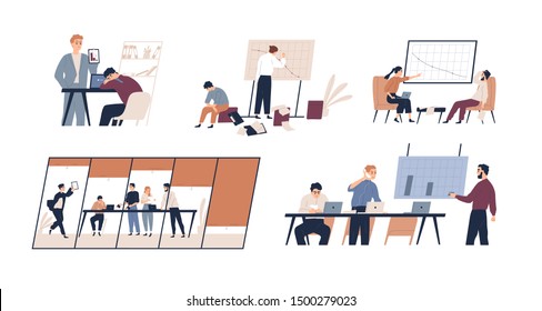 Business Problem Flat Vector Illustrations Set. Profit Drop, Rating Decrease, Company Bankruptcy Concept. Financial Trouble, Bad Leadership, Burnout. Stressed Office Workers And Unmotivated Managers.