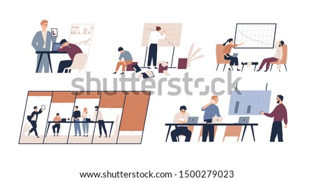 Business problem flat vector illustrations set. Profit drop, rating decrease, company bankruptcy concept. Financial trouble, bad leadership, burnout. Stressed office workers and unmotivated managers.