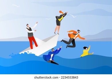 Business problem flood ship, problems at work career and financial crisis concept, vector illustration. Company and business to survive, businessman falling.