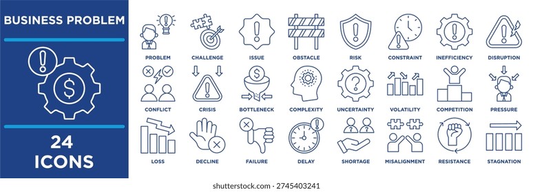 business problem icon set illustrating problem, challenge, issue, obstacle, risk, constraint, inefficiency, disruption, conflict, crisis. blue outline