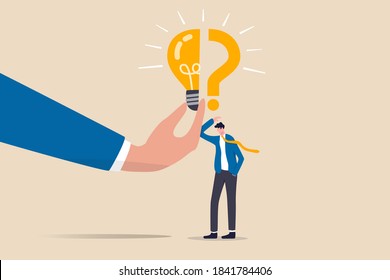 Business problem, idea, decision making and solution, job and career path concept, confusing businessman stand with question mark sign then helping hand put half of lightbulb lamp for bright solution.