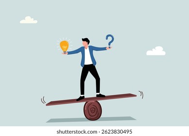 Business problem, idea, decision making and solution, job and career path concept, businessman standing holding question mark and light bulb for bright idea solution.