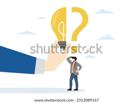 Business problem, idea, job and career path concept, decision making and solution, confused businessman standing with question mark then helping put half light bulb for bright solution.