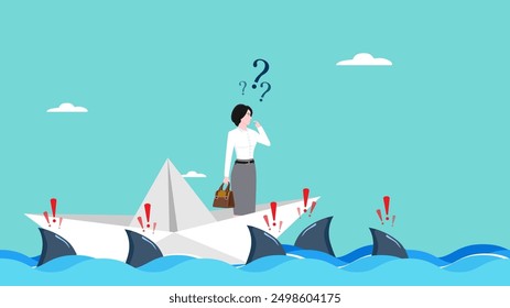 business problem or obstacle, confused businesswoman because his paper boat is surrounded by sharks, business challenge concept vector illustration