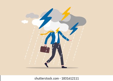 Business problem, obstacle or risk to overcome and succeed, insurance or catastrophe and disaster business day concept, depressed businessman walking with cloudy thunderstorm and rainy around his face