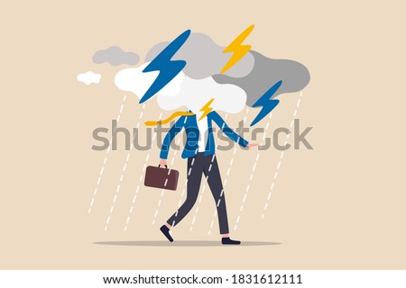 Business problem, obstacle or risk to overcome and succeed, insurance or catastrophe and disaster business day concept, depressed businessman walking with cloudy thunderstorm and rainy around his face