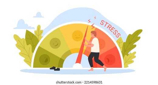 Business problem, pressure and crisis control vector illustration. Cartoon tiny man pushing with effort arrow on circular dial of stress meter to reduce pain, anxiety and tension, overload of emotions