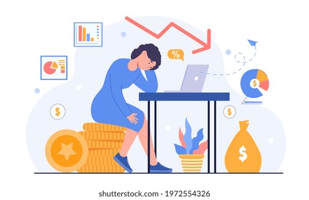 Business problem, profit drop, rating decrease, financial trouble, bad leadership, burnout, stressed worker and unmotivated manager. Flat abstract metaphor cartoon vector illustration concept design.