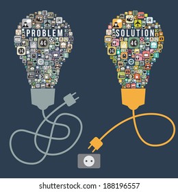 Business problem and solution with light bulb design from icons