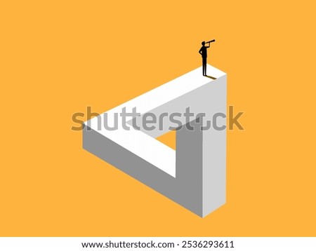 Business problem solving. Businessman looking at binoculars on Penrose triangle