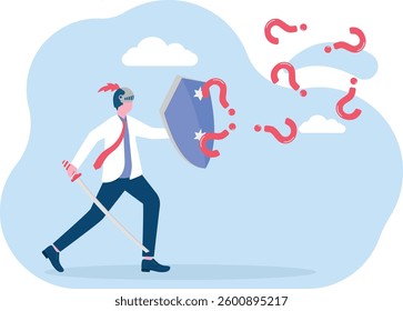 Business problem solving. Businessman with shield protects from question mark attack

