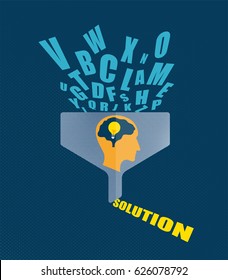 Business and Problem solving concept. Letters and Alphabets going into the filter with a brain head and light bulb and solution wording at the bottom.