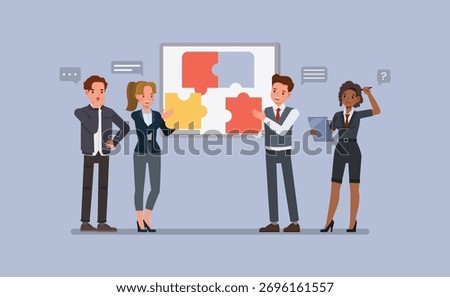 Business Problem Solving concept. Office employees solving puzzle pieces together flat character vector illustration design.