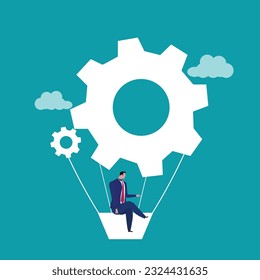 Business-Probleme lösen Fachwissen und Fähigkeiten, um den Erfolg zu fördern. Führung bei der Verknüpfung der strategischen Konzepte von Unternehmensgruppen. Geschäftsmann, der auf dem Korb der Himmelseinstellung sitzt