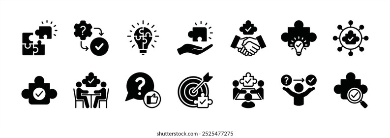 Business problem solving flat icon vector set. Solution, innovation, Inspiration, creative idea, creativity. Containing jigsaw puzzle pieces, support, help, question, teamwork, connection, meeting