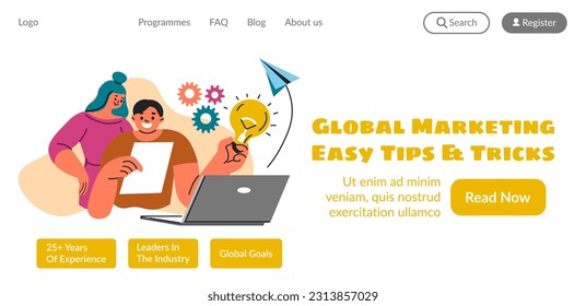 Solución de problemas de negocio, consejos y trucos fáciles de marketing global para su empresa, inicio u organización. Animando a la gente. Página de inicio del sitio web, plantilla del sitio de Internet. Vector de estilo plano