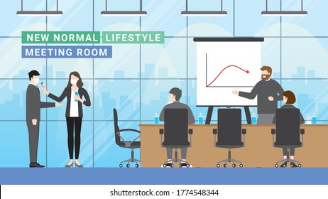 Business problem solving meeting lifestyle after pandemic covid-19 corona virus. New normal is Social distancing, Wearing mask, Temperature checkpoint and Hand sanitizing. Flat design style.