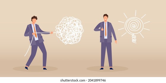 Business problem solving process concept with chaos and order line. Flat businessman character pull tangled wire into line bulb vector idea. Managers with clear mind and confusion or difficulty