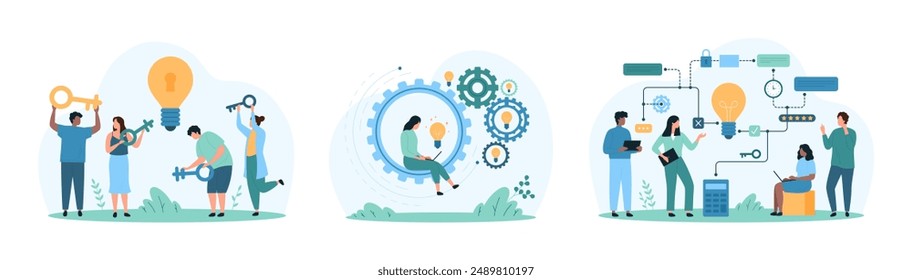 Business problem solving, productivity of solution set. Tiny people unlock access with key, moving gears mechanism with effective work, connect light bulb and tasks chart cartoon vector illustration