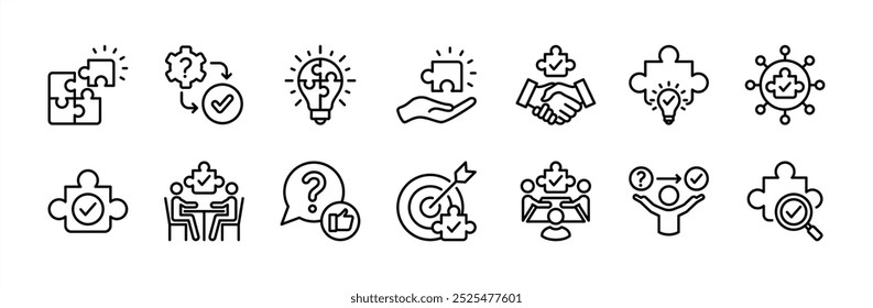 Business problem solving thin line icon vector. Creativity, solution, innovation, Inspiration, creative idea. Containing jigsaw puzzle pieces, support, help, question, teamwork, connection, meeting