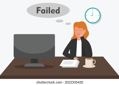 Business problem vector concept: Frustrated businesswoman sitting in front of computer while feeling disappointed