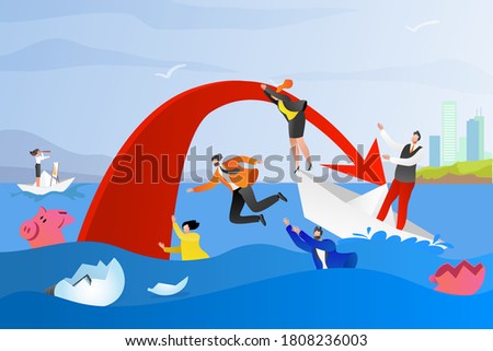 Business problem, work, career and financial crisis concept, vector illustration. Company and business to survive, businessman falling in economic collapse, sea of problems. Financial fall.