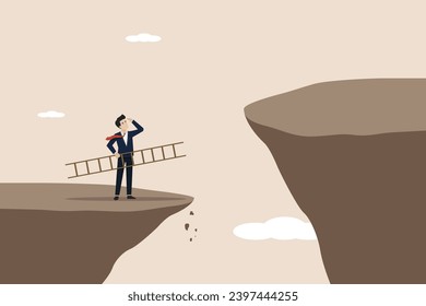 Business problems, challenges to overcome difficulties, thinking of solutions to overcome obstacles to success, business people thinking of solutions to overcome high cliffs.