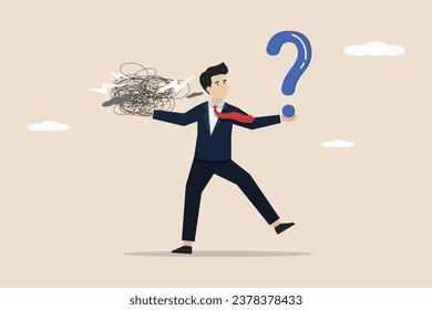 Business problems, decision making and looking for business solutions, job and career path concept, confused businessman standing with question marks and complicated job problems.