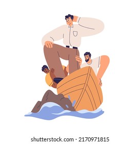 Business problems, failure, mistakes, obstacles concept. Boat team in accident, crisis. Company failing. Colleagues and work difficulties. Flat vector illustration isolated on white background