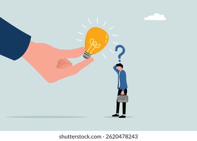 Problemas de negócios, ideias, tomada de decisão e soluções, conceitos de trabalho e trajetórias de carreira, empreendedores confusos com pontos de interrogação, em seguida, ajudam a colocar a lâmpada para soluções brilhantes.