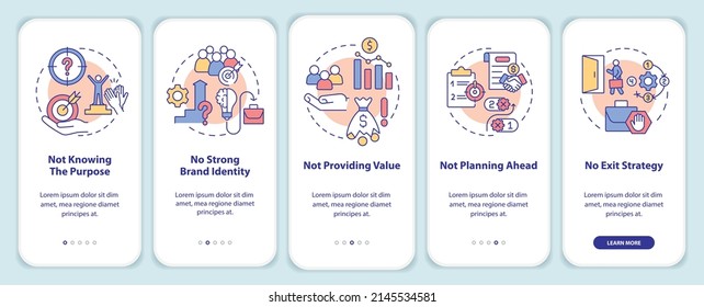 Business problems onboarding mobile app screen. Not knowing purpose walkthrough 5 steps graphic instructions pages with linear concepts. UI, UX, GUI template. Myriad Pro-Bold, Regular fonts used