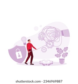 Business problem-solving concept. Businessman or a young man trying to pull a tangled rope. Business challenge vector achievement work progress. Trend Modern vector flat illustration