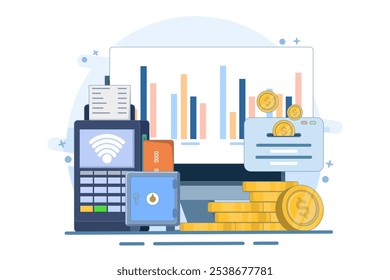 Proceso de negocio y concepto de analista, metas y objetivos, analista de datos analiza, Explore y desarrolla big data. Plan de negocios, finanzas, marketing, inversión, Ilustración vectorial plana.