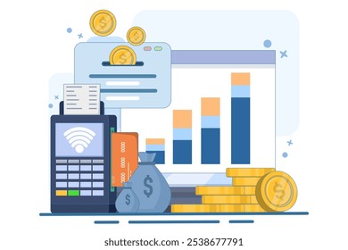 Proceso de negocio y concepto de analista, metas y objetivos, analista de datos analiza, Explore y desarrolla big data. Plan de negocios, finanzas, marketing, inversión, Ilustración vectorial plana.